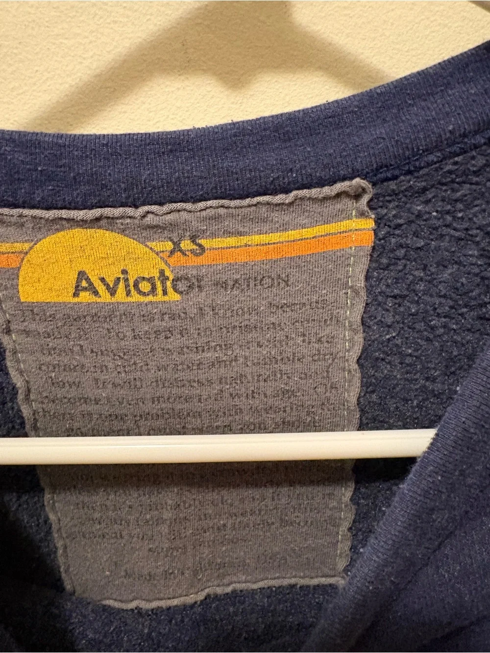 Aviator Nation Navy 5 stripe women’s crew XS flaw in photos